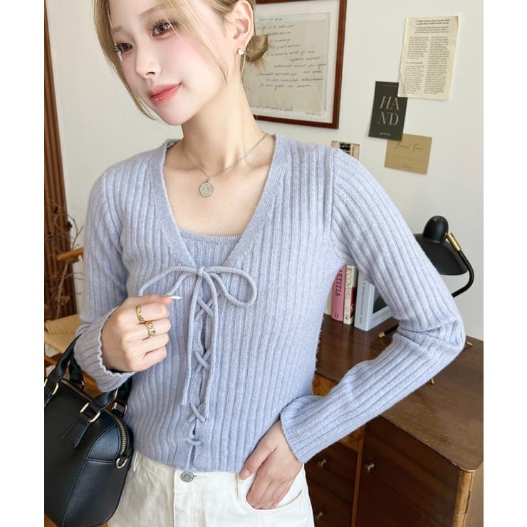 キャミ付きレースアップショート丈リブニットカーディガンアンサンブル | moment+ | 詳細画像45 