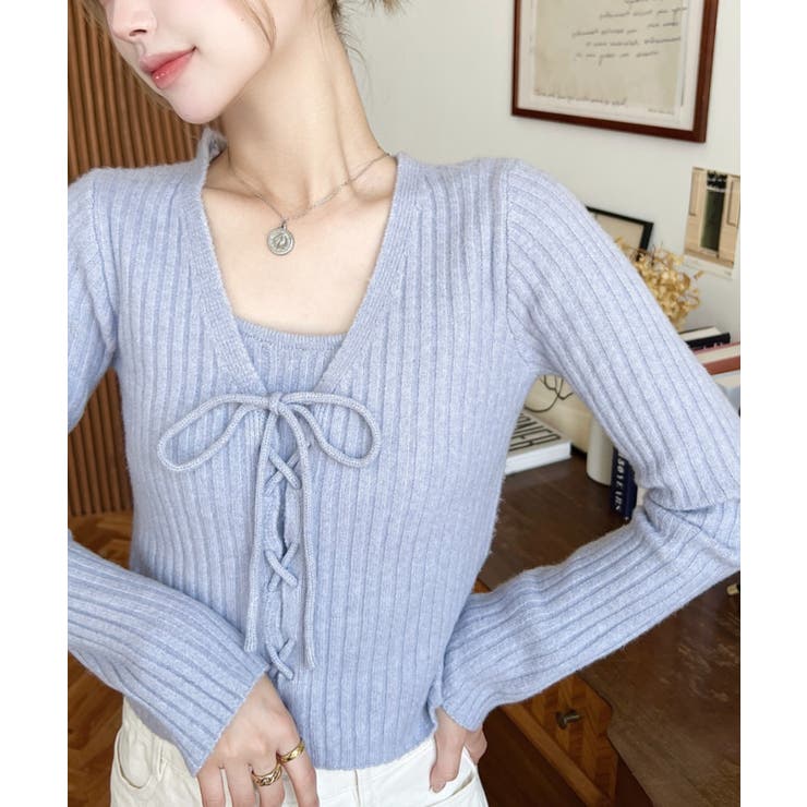 キャミ付きレースアップショート丈リブニットカーディガンアンサンブル | moment+ | 詳細画像47 