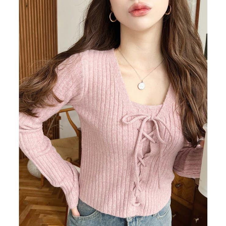 キャミ付きレースアップショート丈リブニットカーディガンアンサンブル | moment+ | 詳細画像48 