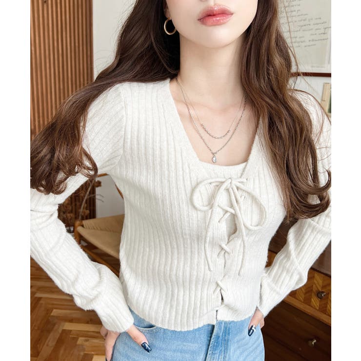 キャミ付きレースアップショート丈リブニットカーディガンアンサンブル | moment+ | 詳細画像5 