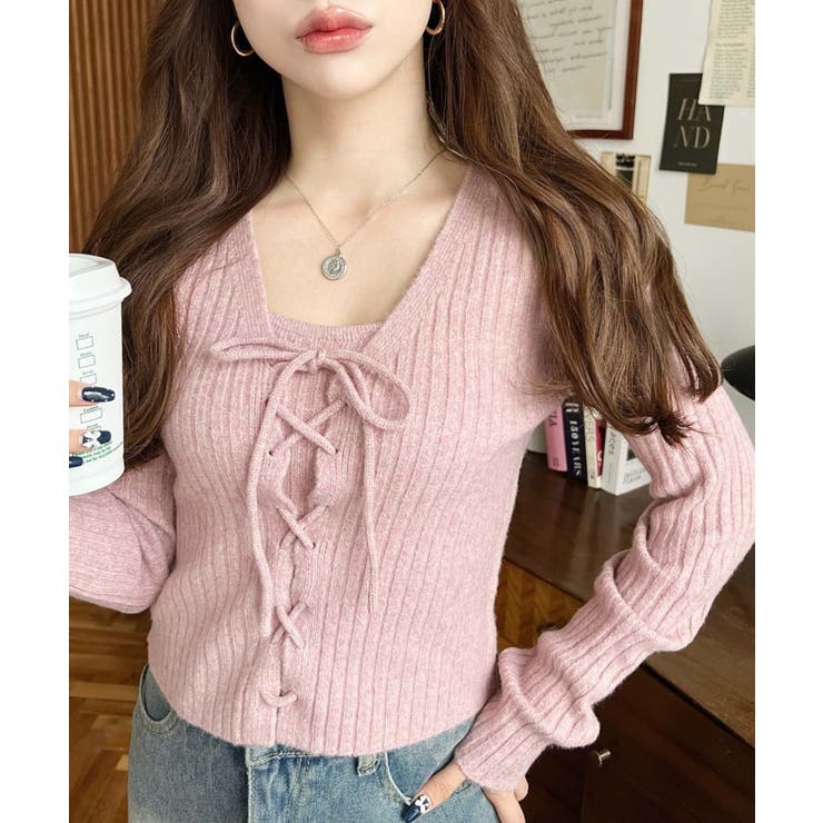 キャミ付きレースアップショート丈リブニットカーディガンアンサンブル | moment+ | 詳細画像49 