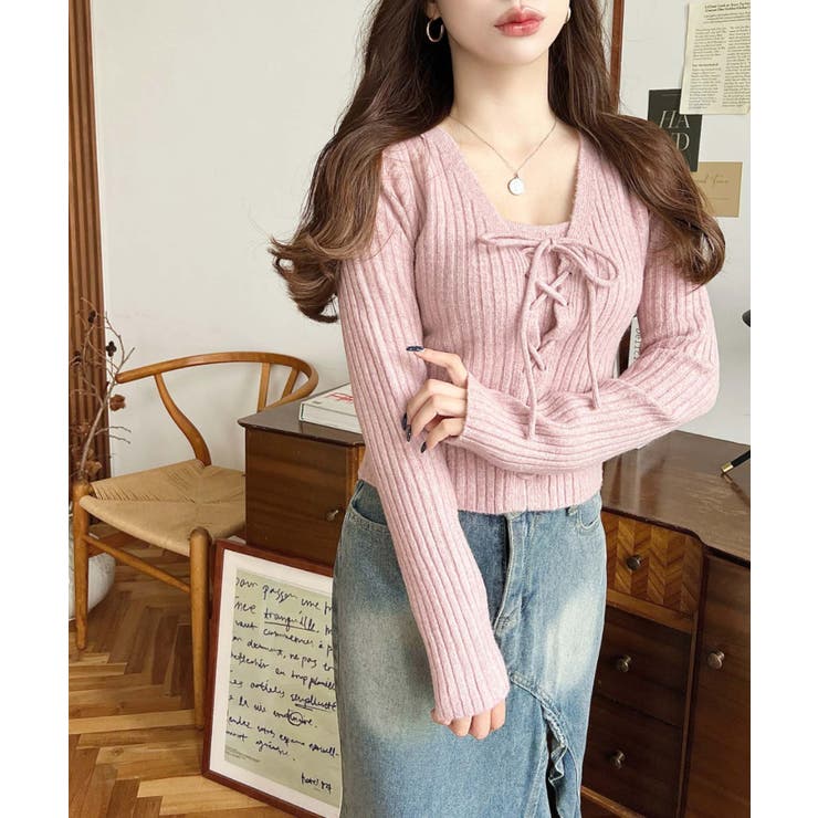 キャミ付きレースアップショート丈リブニットカーディガンアンサンブル | moment+ | 詳細画像50 