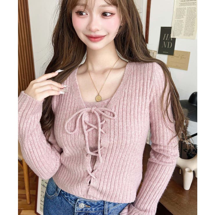 キャミ付きレースアップショート丈リブニットカーディガンアンサンブル | moment+ | 詳細画像53 