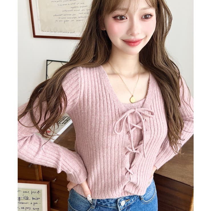 キャミ付きレースアップショート丈リブニットカーディガンアンサンブル | moment+ | 詳細画像55 