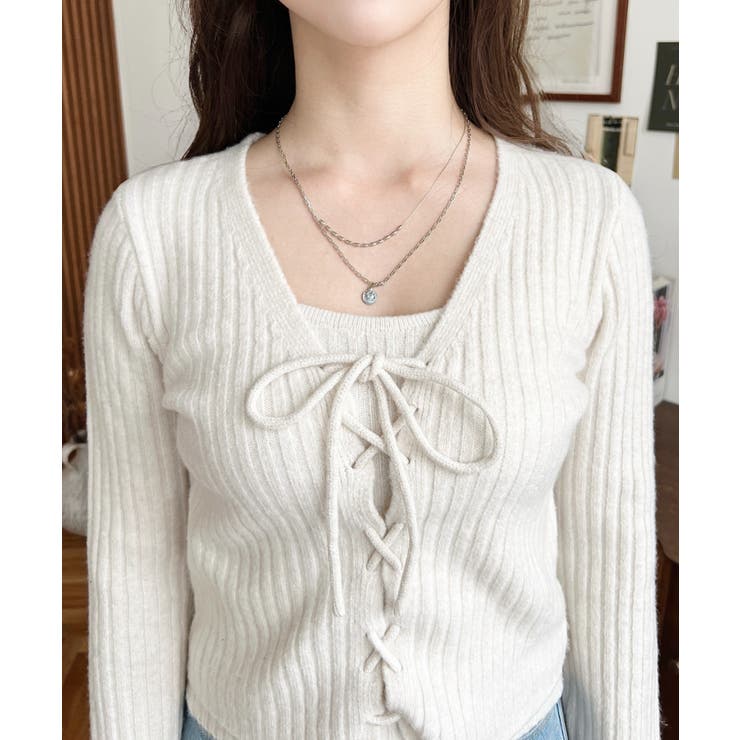 キャミ付きレースアップショート丈リブニットカーディガンアンサンブル | moment+ | 詳細画像7 