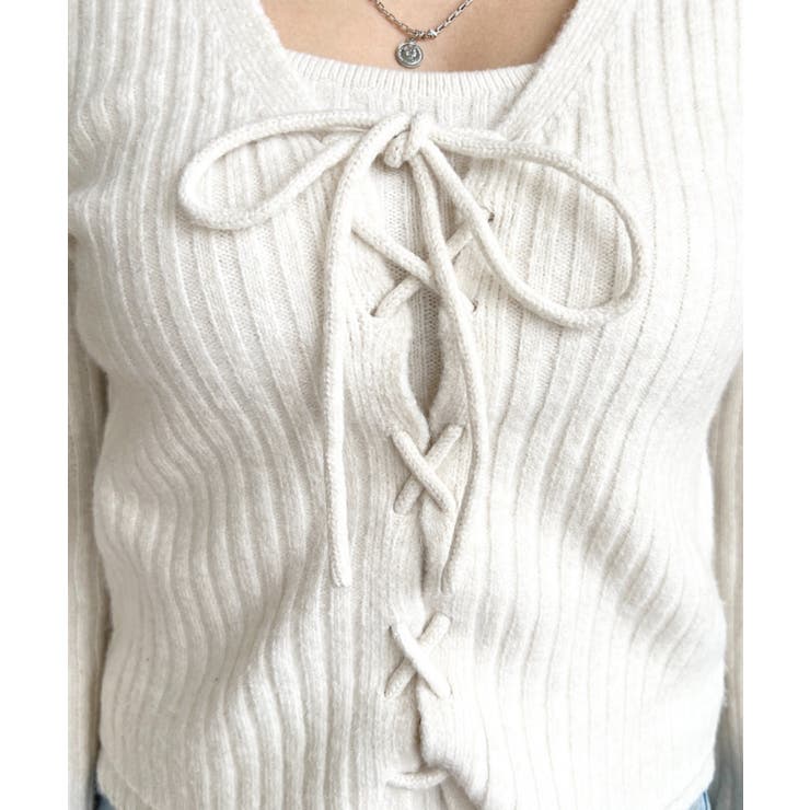 キャミ付きレースアップショート丈リブニットカーディガンアンサンブル | moment+ | 詳細画像8 