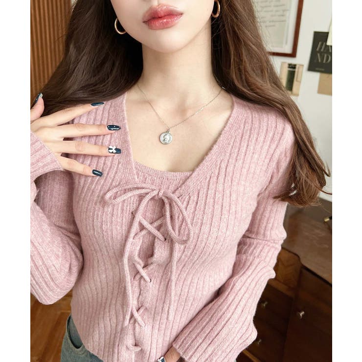 ピンク | キャミ付きレースアップショート丈リブニットカーディガンアンサンブル | moment+