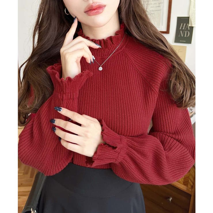 レッド | キャンディスリーブリブニットプルオーバー | moment+