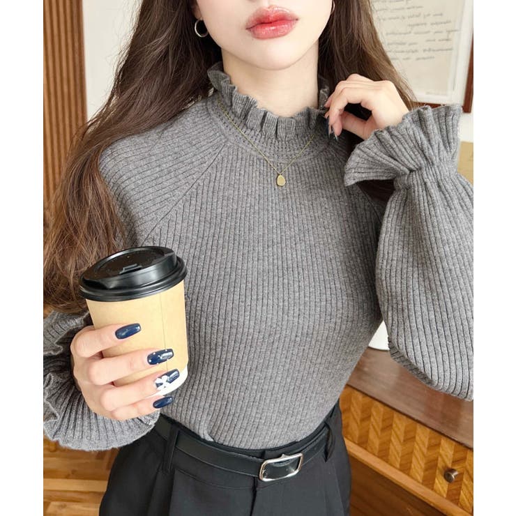 チャコールグレー | キャンディスリーブリブニットプルオーバー | moment+