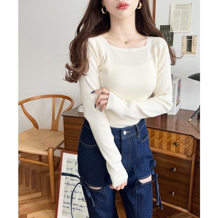 スクエアネックリブニットプルオーバー12G | moment+ | 詳細画像2 