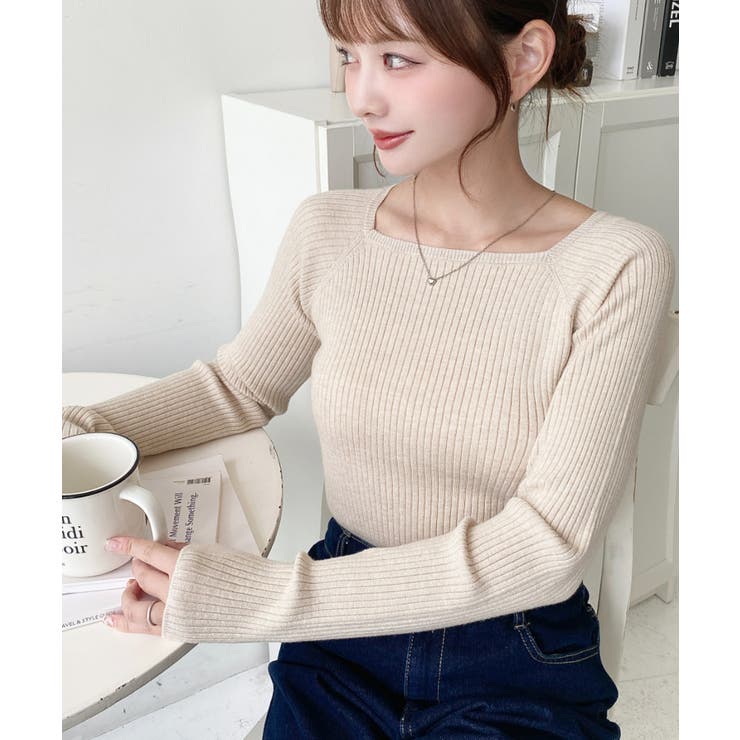 ナチュラル | スクエアネックリブニットプルオーバー12G | moment+