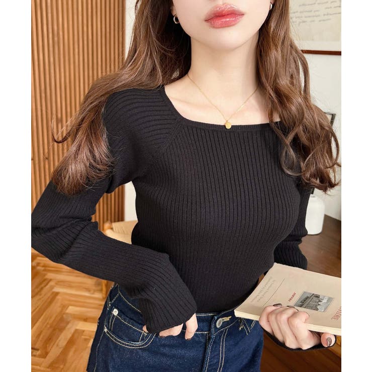 ブラック | スクエアネックリブニットプルオーバー12G | moment+