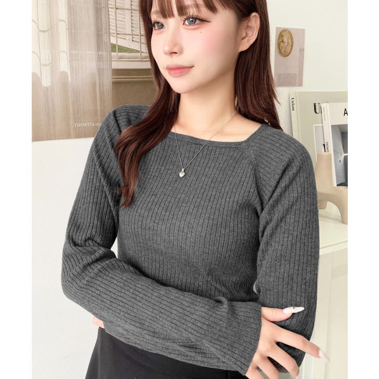 チャコールグレー | スクエアネックリブニットプルオーバー12G | moment+