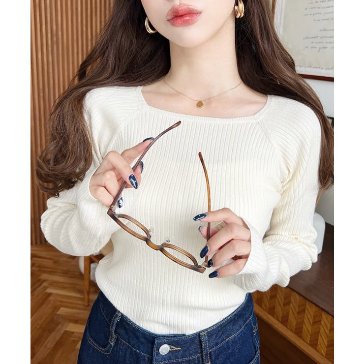 アイボリー | スクエアネックリブニットプルオーバー12G | moment+