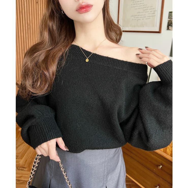 ショート丈ワンショルダーミックスニットプルオーバー | moment+ | 詳細画像17 