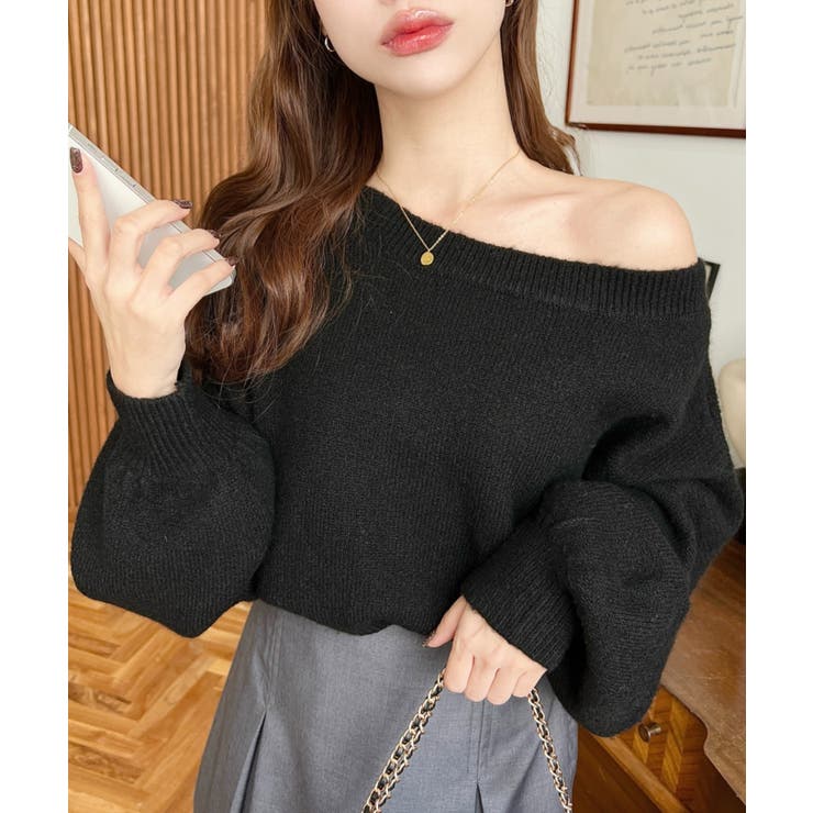 ショート丈ワンショルダーミックスニットプルオーバー | moment+ | 詳細画像18 