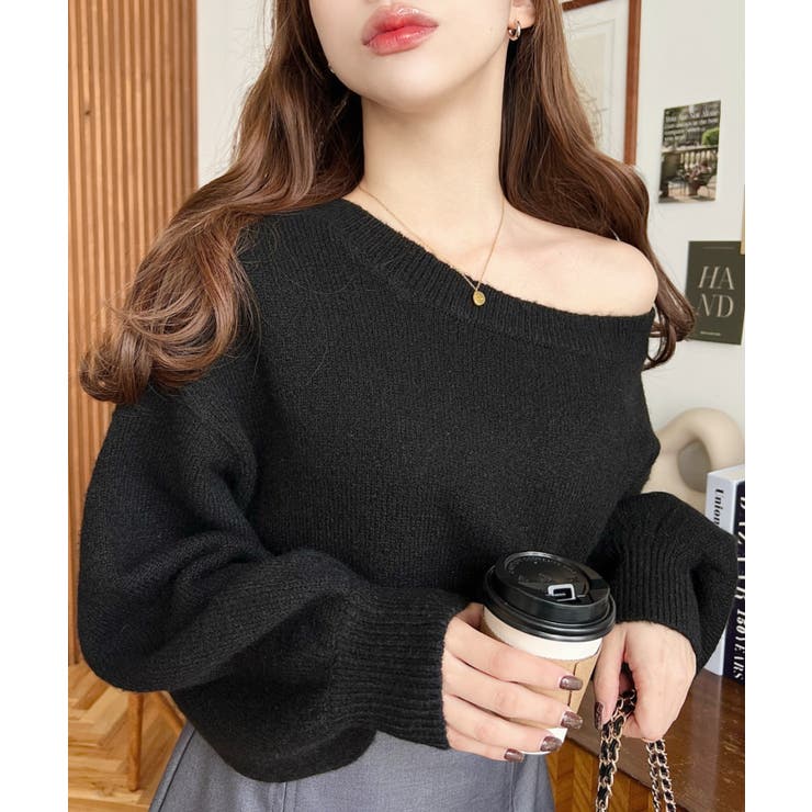 ショート丈ワンショルダーミックスニットプルオーバー | moment+ | 詳細画像19 