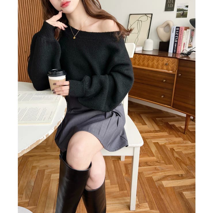 ショート丈ワンショルダーミックスニットプルオーバー | moment+ | 詳細画像21 