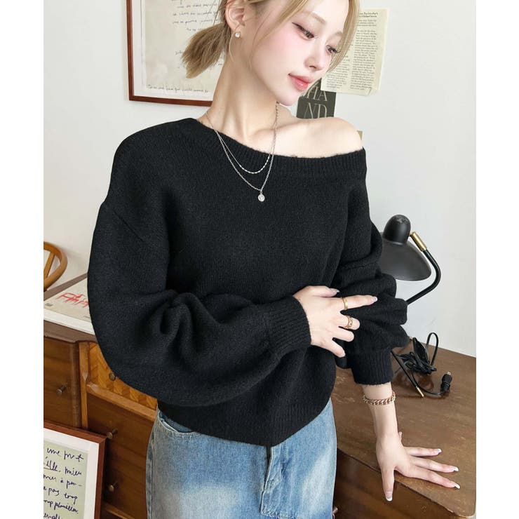 ショート丈ワンショルダーミックスニットプルオーバー | moment+ | 詳細画像23 