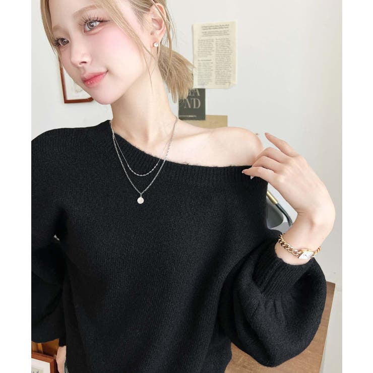 ショート丈ワンショルダーミックスニットプルオーバー | moment+ | 詳細画像24 