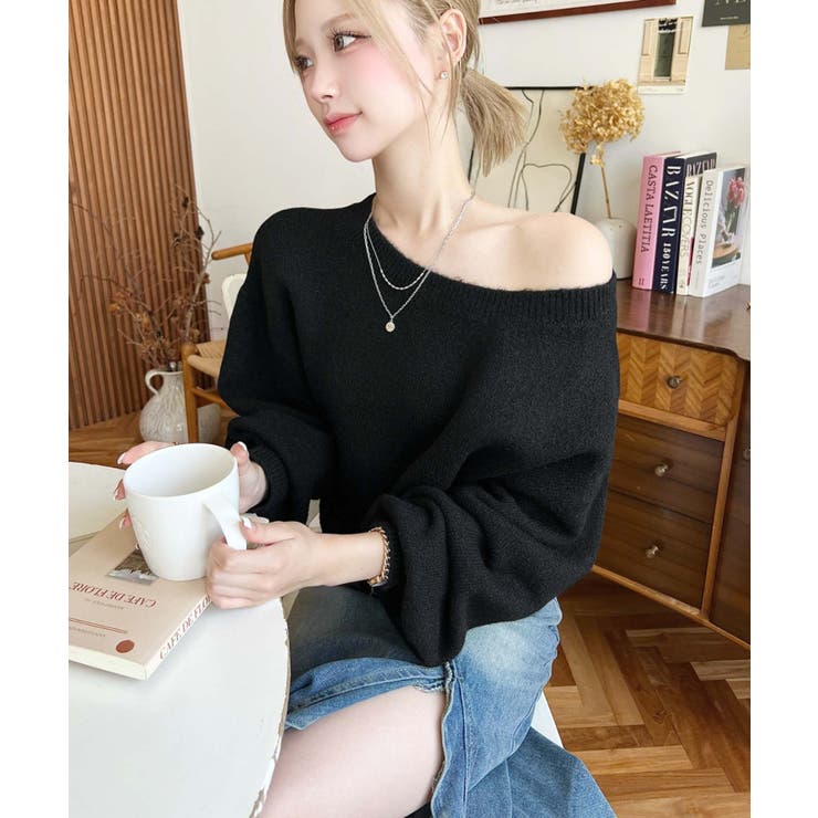 ショート丈ワンショルダーミックスニットプルオーバー | moment+ | 詳細画像25 