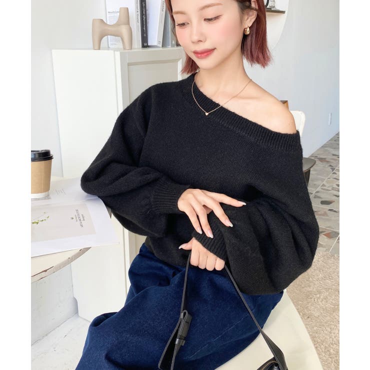 ショート丈ワンショルダーミックスニットプルオーバー | moment+ | 詳細画像28 