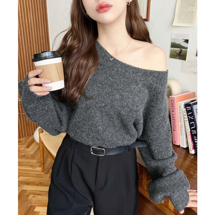 ショート丈ワンショルダーミックスニットプルオーバー | moment+ | 詳細画像32 