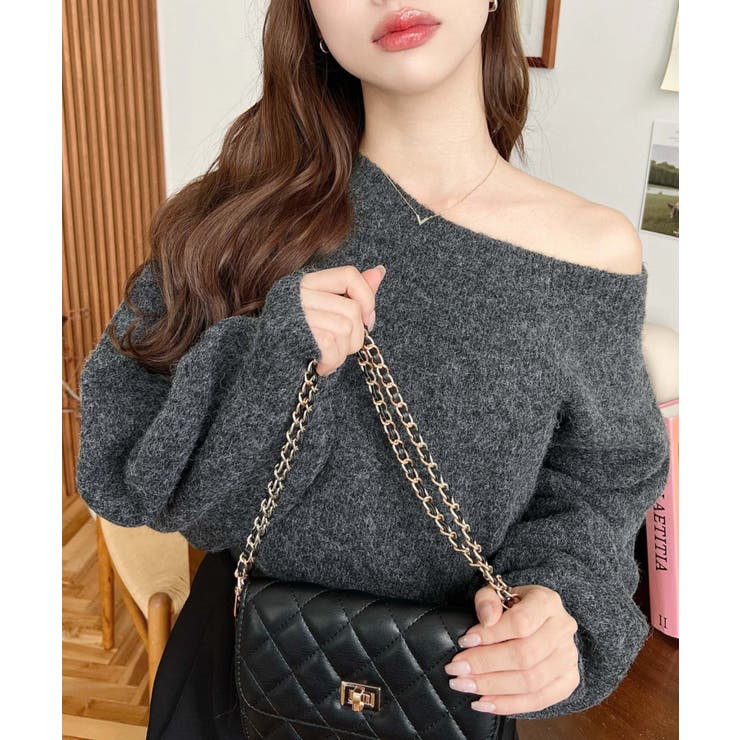 ショート丈ワンショルダーミックスニットプルオーバー | moment+ | 詳細画像33 