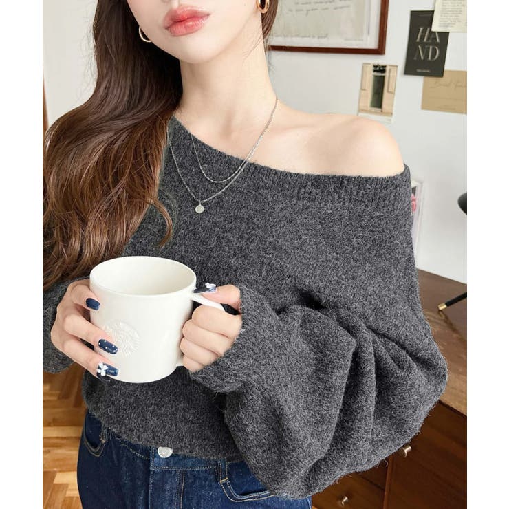 ショート丈ワンショルダーミックスニットプルオーバー | moment+ | 詳細画像36 