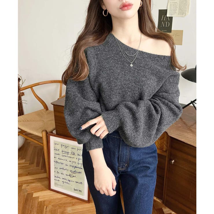 ショート丈ワンショルダーミックスニットプルオーバー | moment+ | 詳細画像37 