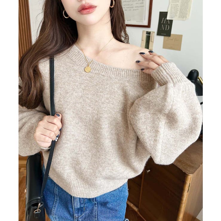 ショート丈ワンショルダーミックスニットプルオーバー | moment+ | 詳細画像42 