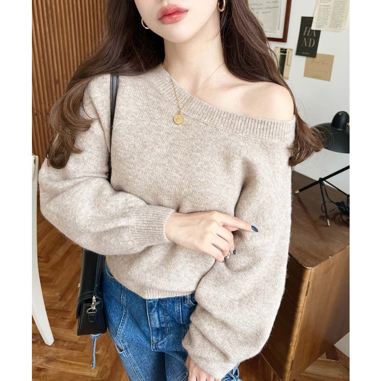 ショート丈ワンショルダーミックスニットプルオーバー | moment+ | 詳細画像44 