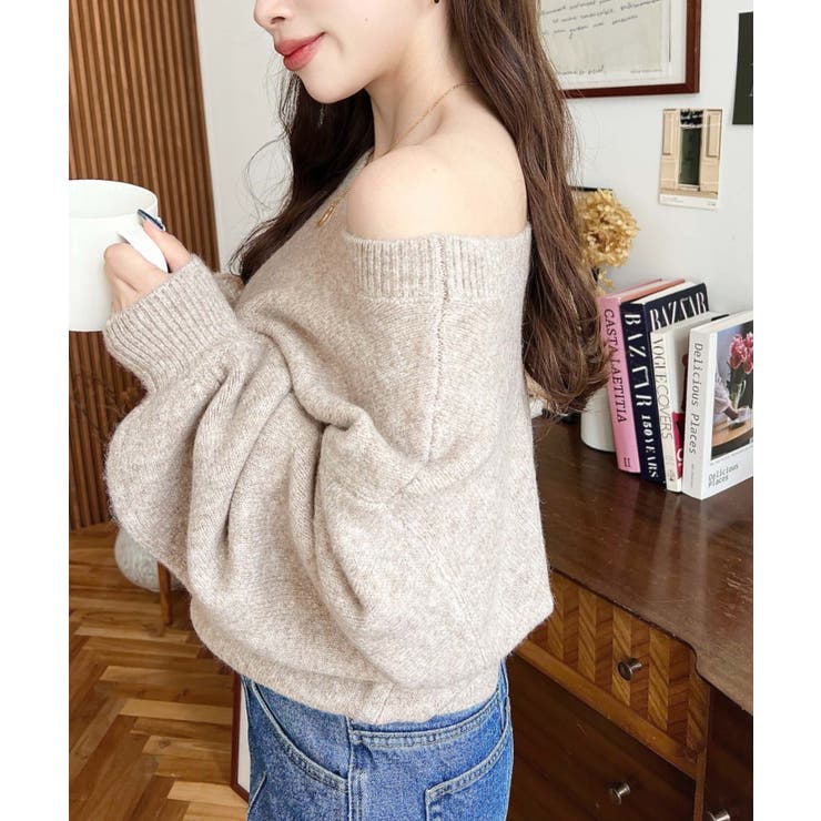 ショート丈ワンショルダーミックスニットプルオーバー | moment+ | 詳細画像45 