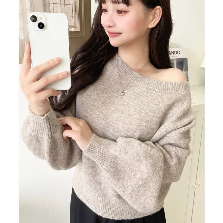 ショート丈ワンショルダーミックスニットプルオーバー | moment+ | 詳細画像50 