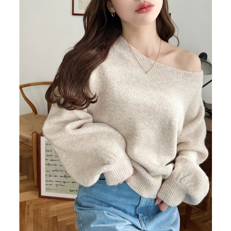 ショート丈ワンショルダーミックスニットプルオーバー | moment+ | 詳細画像6 