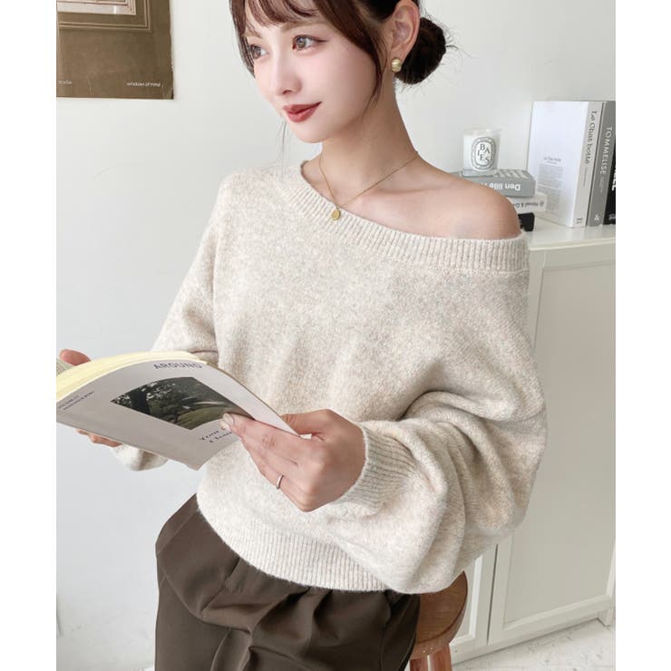 ショート丈ワンショルダーミックスニットプルオーバー | moment+ | 詳細画像7 