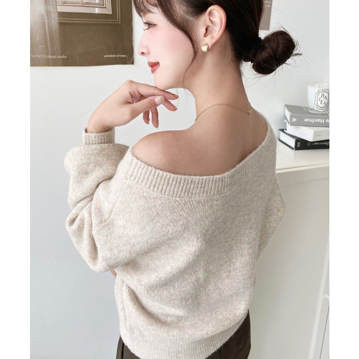 ショート丈ワンショルダーミックスニットプルオーバー | moment+ | 詳細画像8 