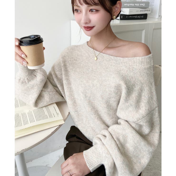 ショート丈ワンショルダーミックスニットプルオーバー | moment+ | 詳細画像9 