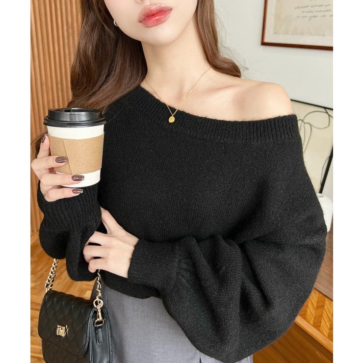 ブラック | ショート丈ワンショルダーミックスニットプルオーバー | moment+