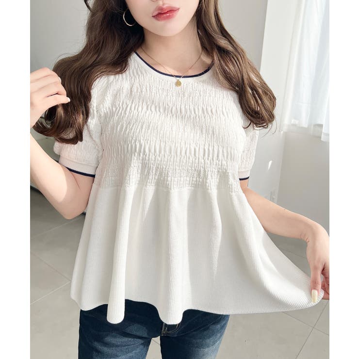 クロシェ編み5分袖ペプラムニットプルオーバー | moment+ | 詳細画像2 