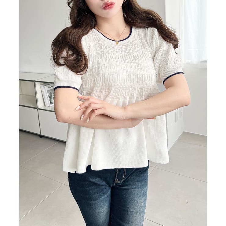 クロシェ編み5分袖ペプラムニットプルオーバー | moment+ | 詳細画像3 