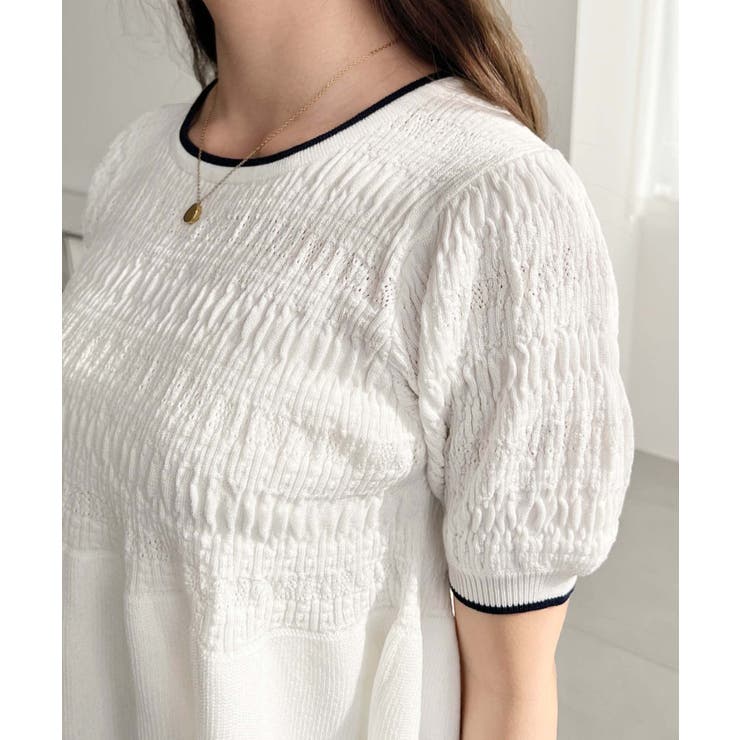 クロシェ編み5分袖ペプラムニットプルオーバー | moment+ | 詳細画像9 