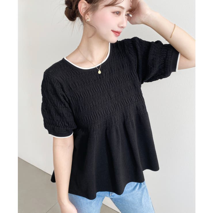 ブラック | クロシェ編み5分袖ペプラムニットプルオーバー | moment+