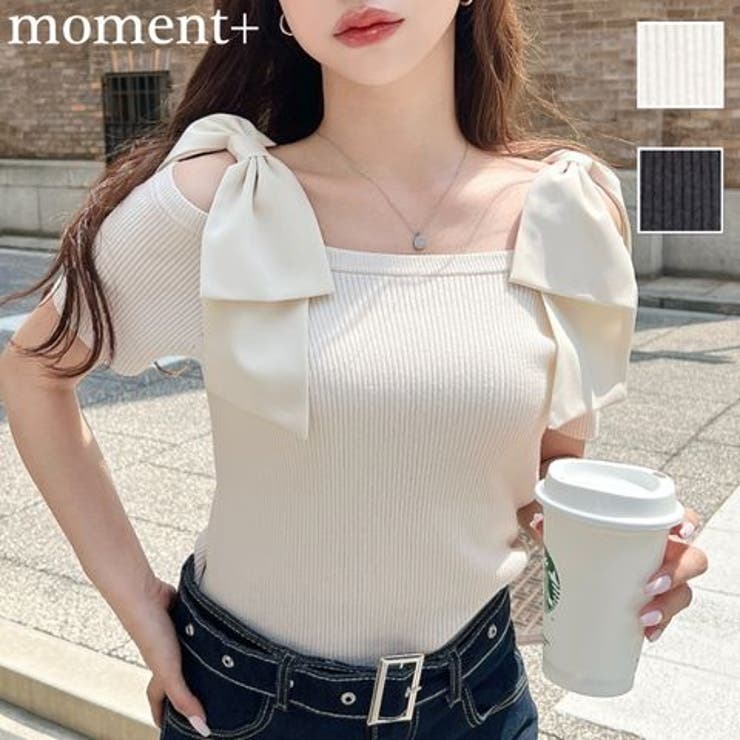 リボンストラップオフショル半袖ニットプルオーバー | moment+ | 詳細画像1 