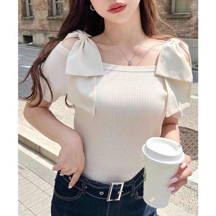 リボンストラップオフショル半袖ニットプルオーバー | moment+ | 詳細画像5 