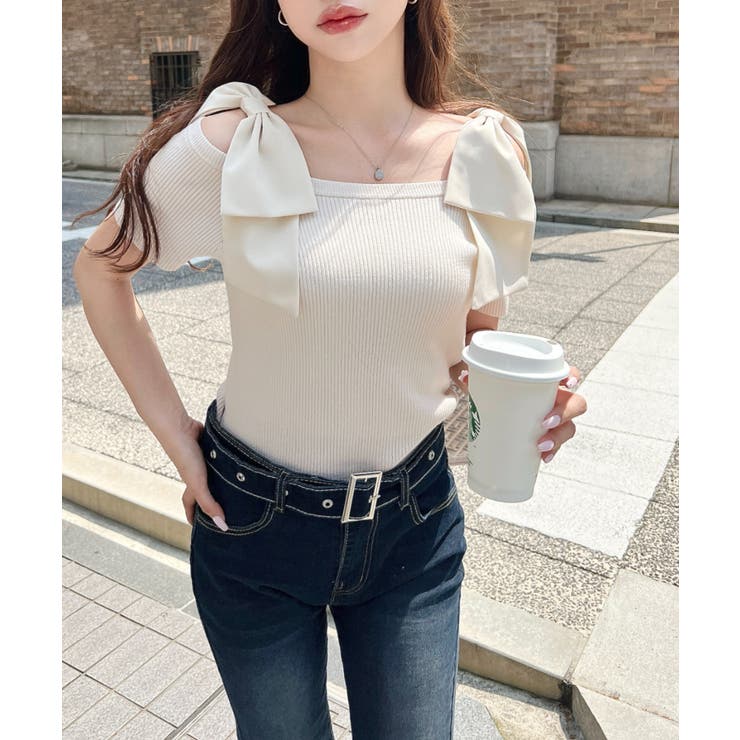 リボンストラップオフショル半袖ニットプルオーバー | moment+ | 詳細画像6 