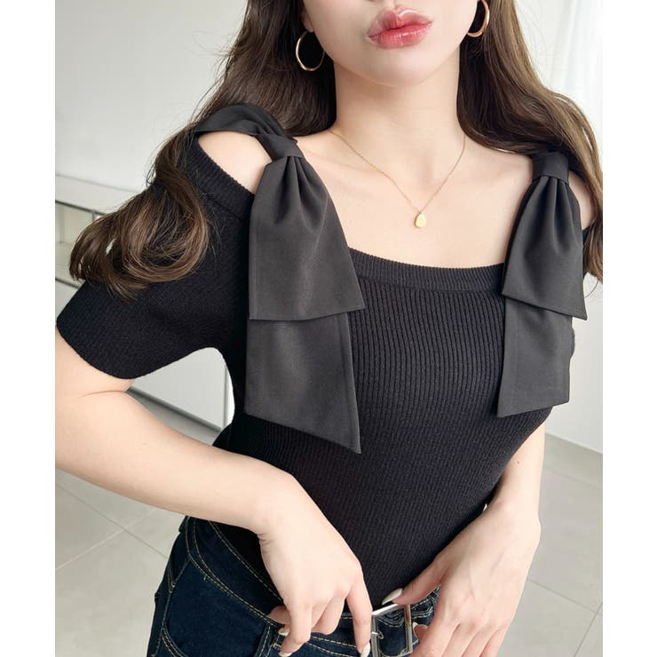 リボンストラップオフショル半袖ニットプルオーバー | moment+ | 詳細画像8 