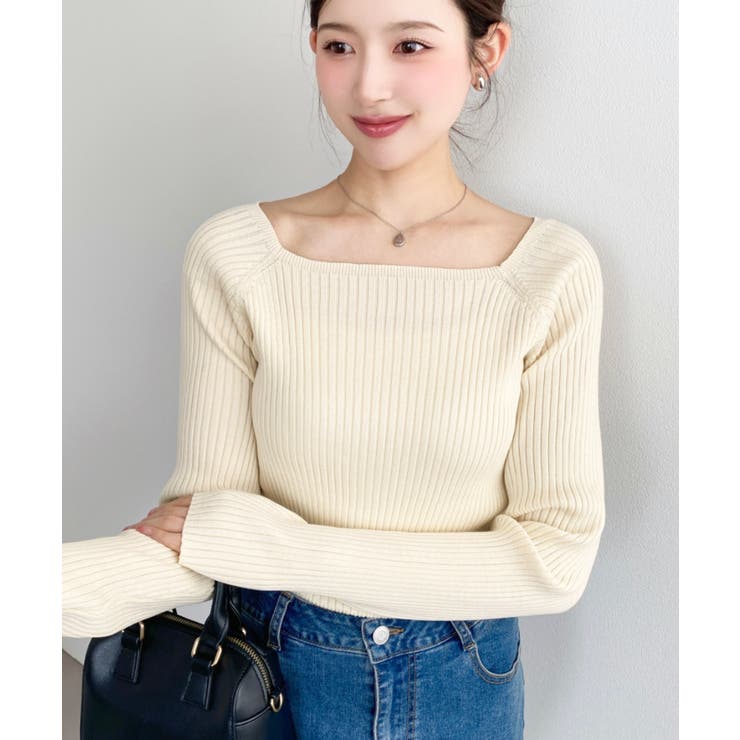 ナチュラル | スクエアネックSSリブニットプルオーバー | moment+