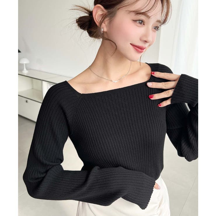 ブラック | スクエアネックSSリブニットプルオーバー | moment+