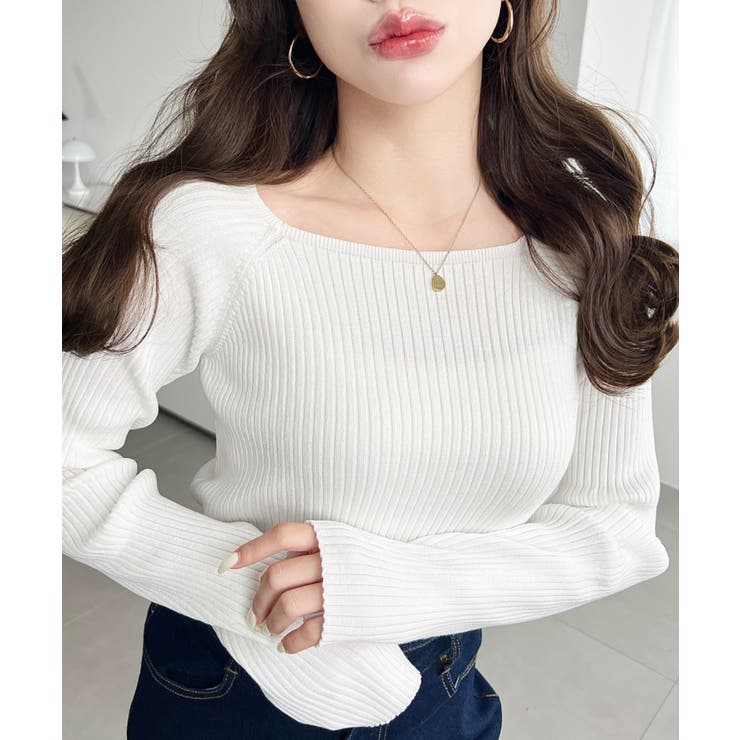 オフホワイト | スクエアネックSSリブニットプルオーバー | moment+